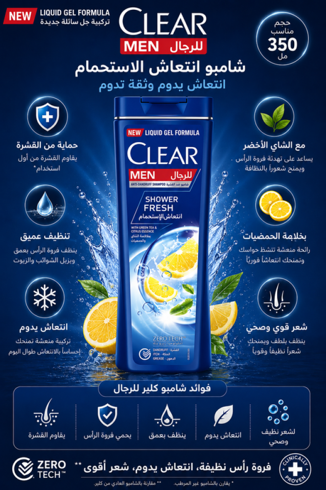شامبو للرجال بمستخلص الشاي الأخضر والليمون 350مل من كلير