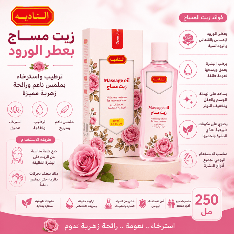 زيت مساج بعطر الورود 250 مل ترطيب واسترخاء بملمس ناعم ورائحة زهرية مميزة من الناديه