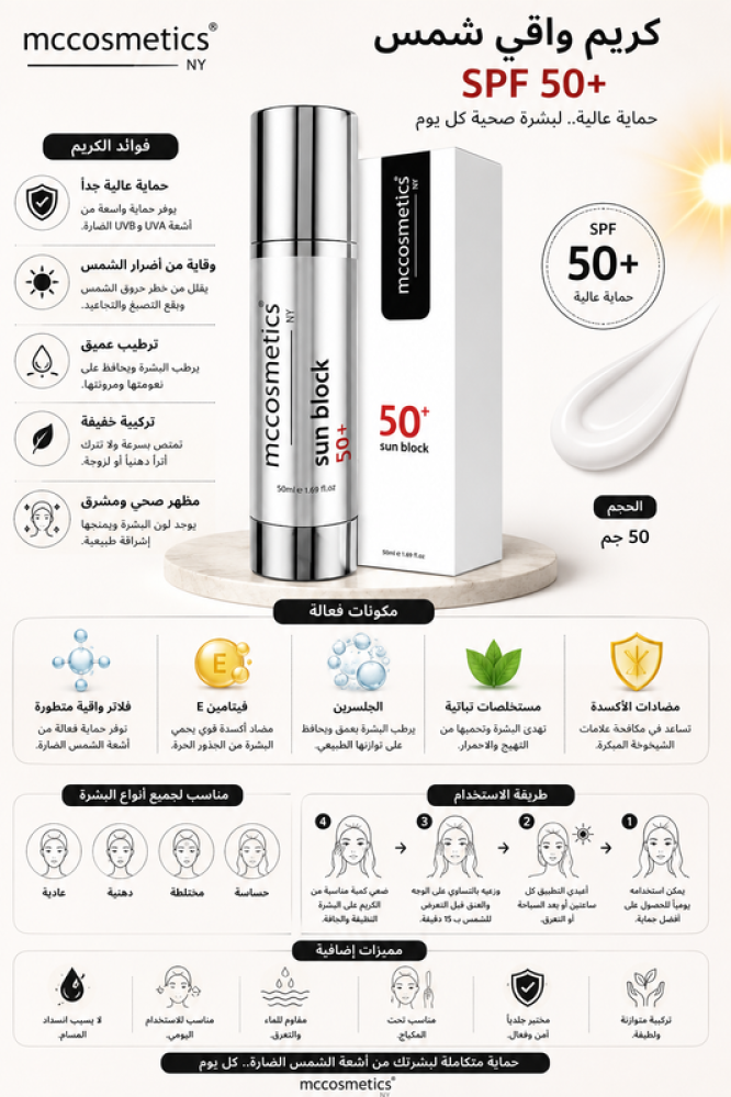 كريم واقي شمس SPF 50+ 50جم من ام سي كوزمتيكس