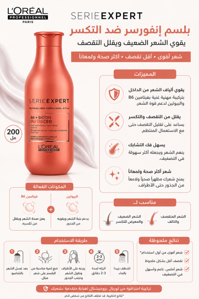 بلسم إنفورسر ضد التكسر - 200 مل – يقوي الشعر الضعيف ويقلل التقصف من لوريال بروفيشنال