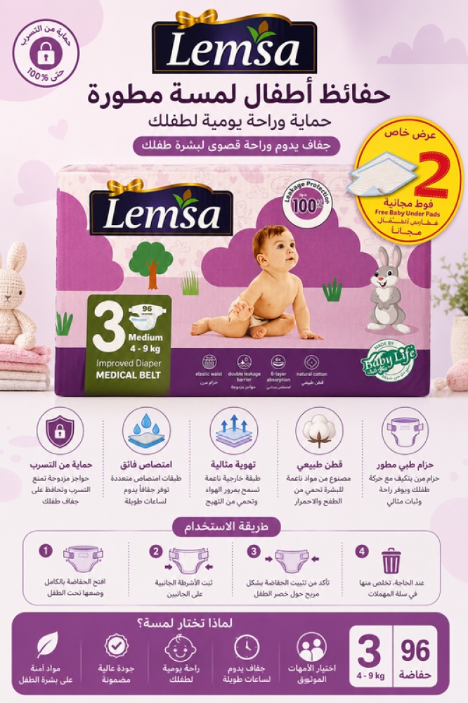 حفائظ أطفال لمسة مطورة رقم 3 - 96 حفاضة توفر حماية وراحة يومية لطفلك من لمسة