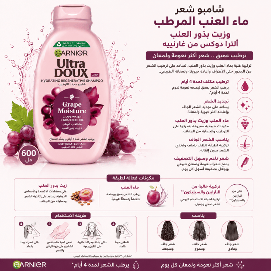 شامبو شعر ماء العنب المرطب و زيت بذور العنب الترا دوكس 600مل  من غارنييه