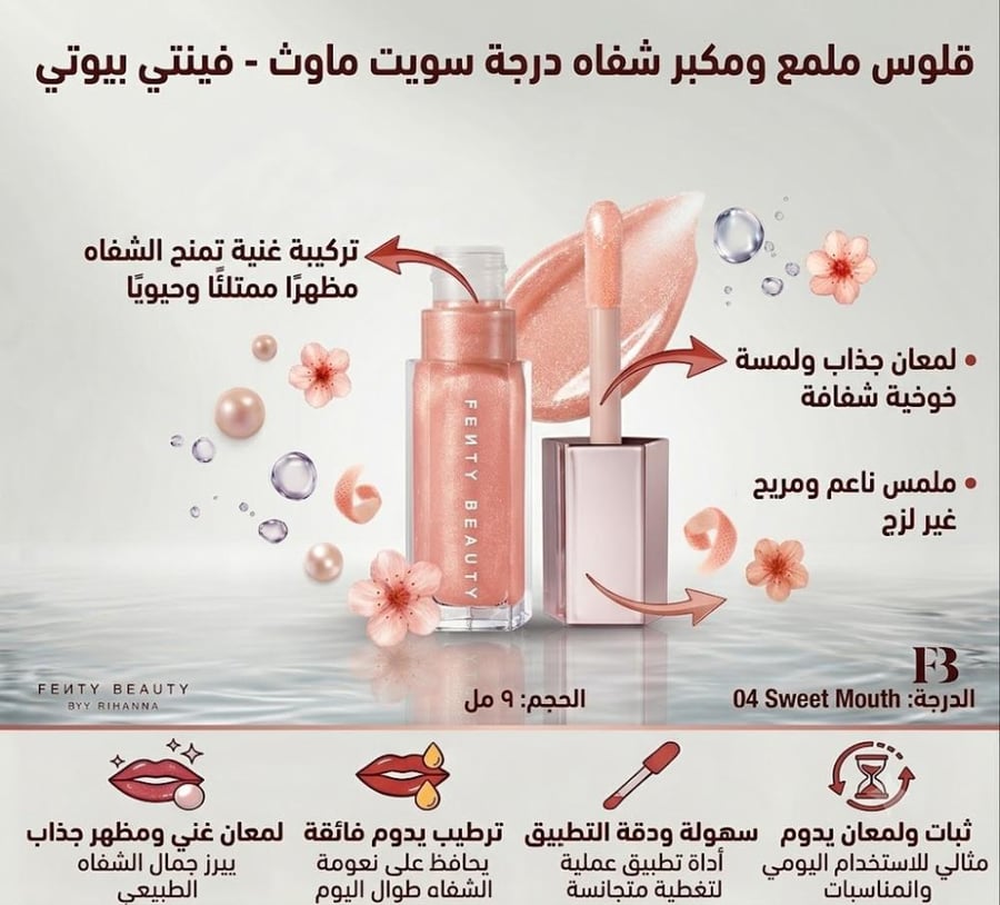 قلوس ملمع ومكبر شفاه درجة 04 سويت ماوث لمعان جذاب وترطيب يدوم من فنتي بيوتي