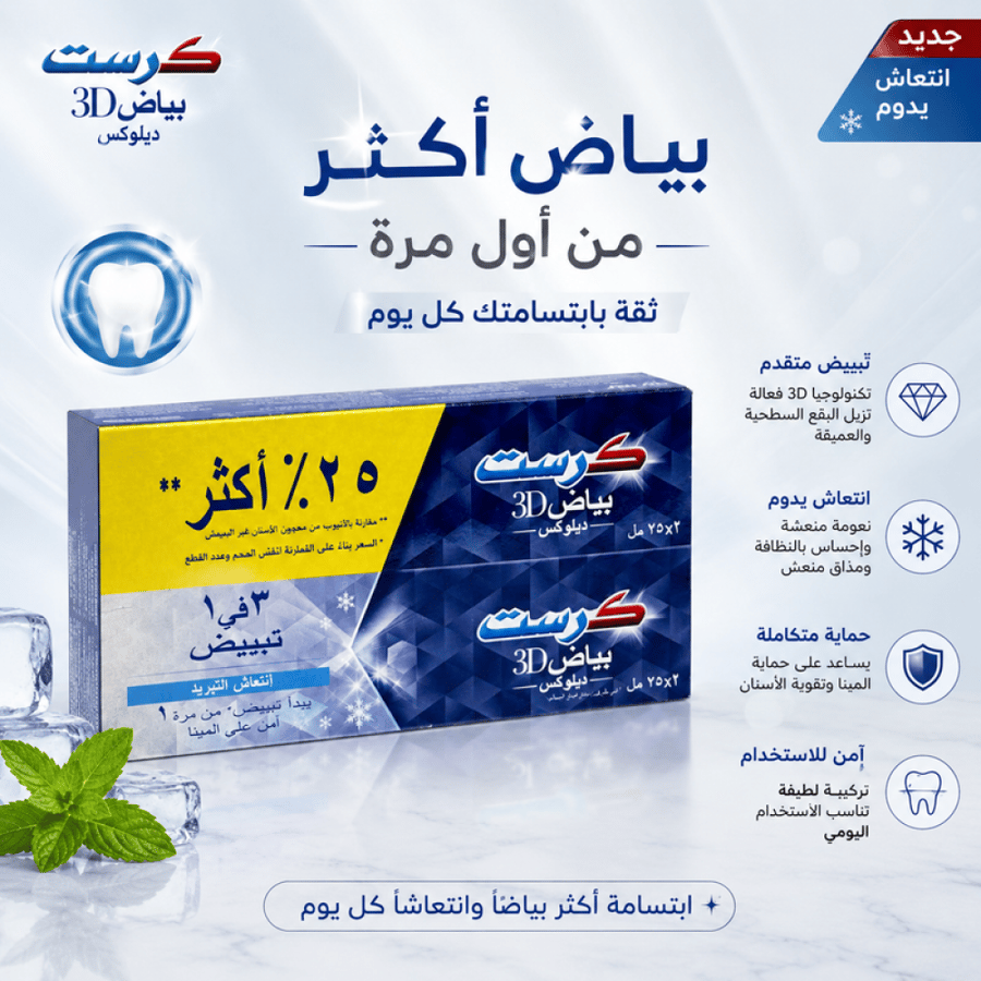 معجون اسنان ثري دي مبيض وايت آركيتك فريش - 2*75مل من كرست