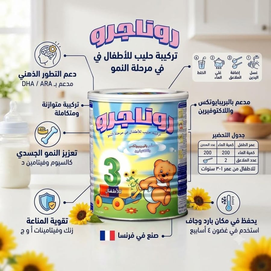 حليب أطفال روناجرو رقم 3 من 1 الى 3 سنوات بالفانيلا 400 جرام تركيبة غذائية متوازنة تدعم النمو الصحي وتوفر الفيتامينات والعناصر الأساسية المناسبة للأطفال في مرحلة النمو من روناجرو
