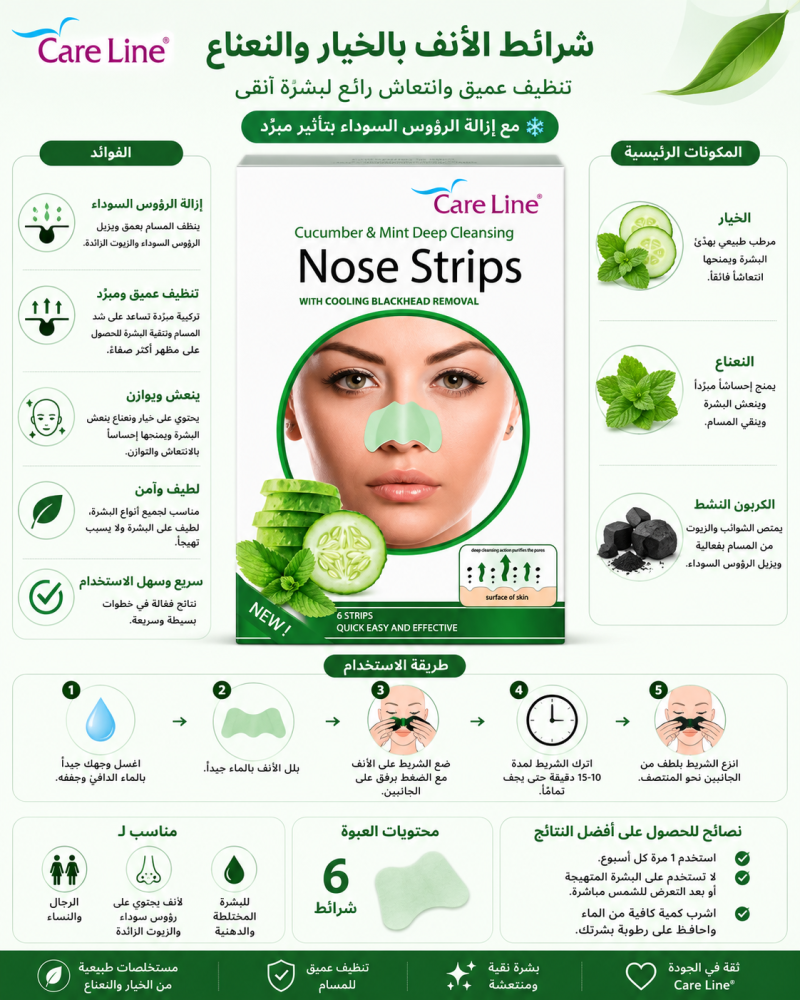 شرائح تنظيف الأنف بالخيار والنعناع  6 شرائط تمنح تنظيفًا عميقًا وانتعاشًا للبشرة من كير لاين