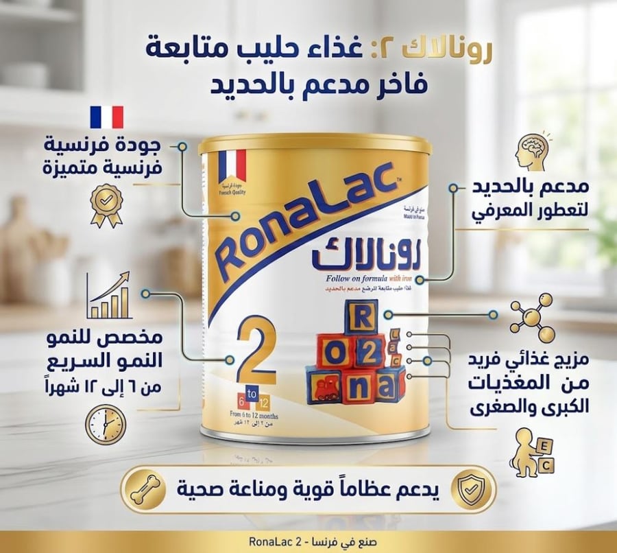 حليب أطفال رقم 2 من 6 حتى 12 شهرا 1700 جرام تركيبة غذائية متكاملة تدعم النمو الصحي وتوفر العناصر الأساسية المناسبة لاحتياجات الرضع من رونالاك