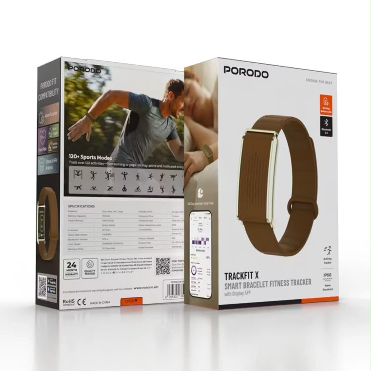 سوار اللياقة الذكي Porodo TrackFit بدون شاشة – Bluetooth 5.4، بطارية 30 يوم، مقاوم للماء IP68