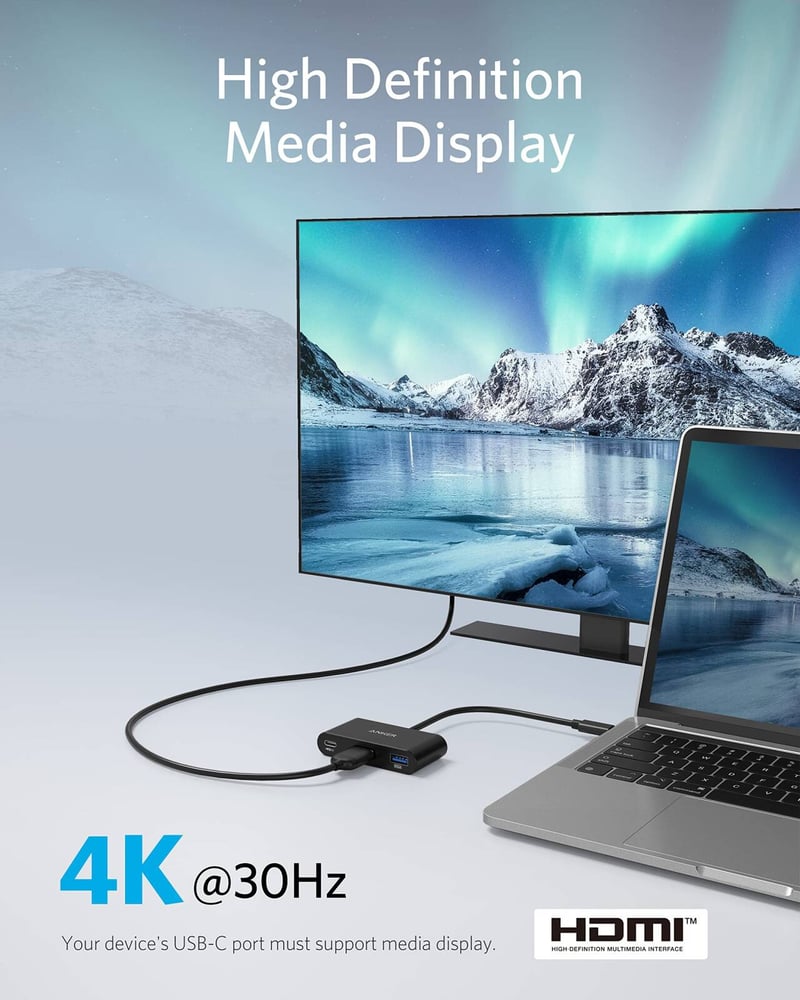 انكر وصلة أنكر متعددة المنافذ 3 في 1 تايب سي بدقة 4K مع USB 3.0 وشحن PD