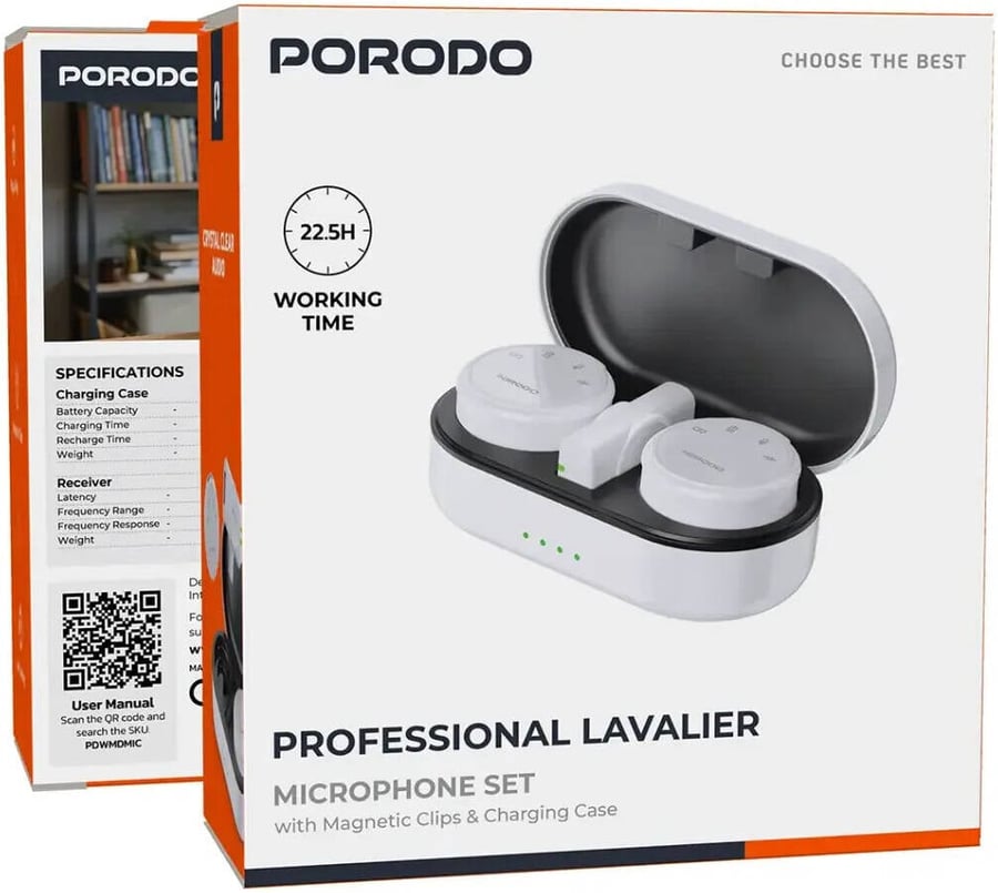 مايك Porodo Professional Lavalier لاسلكي مزدوج مع علبة شحن