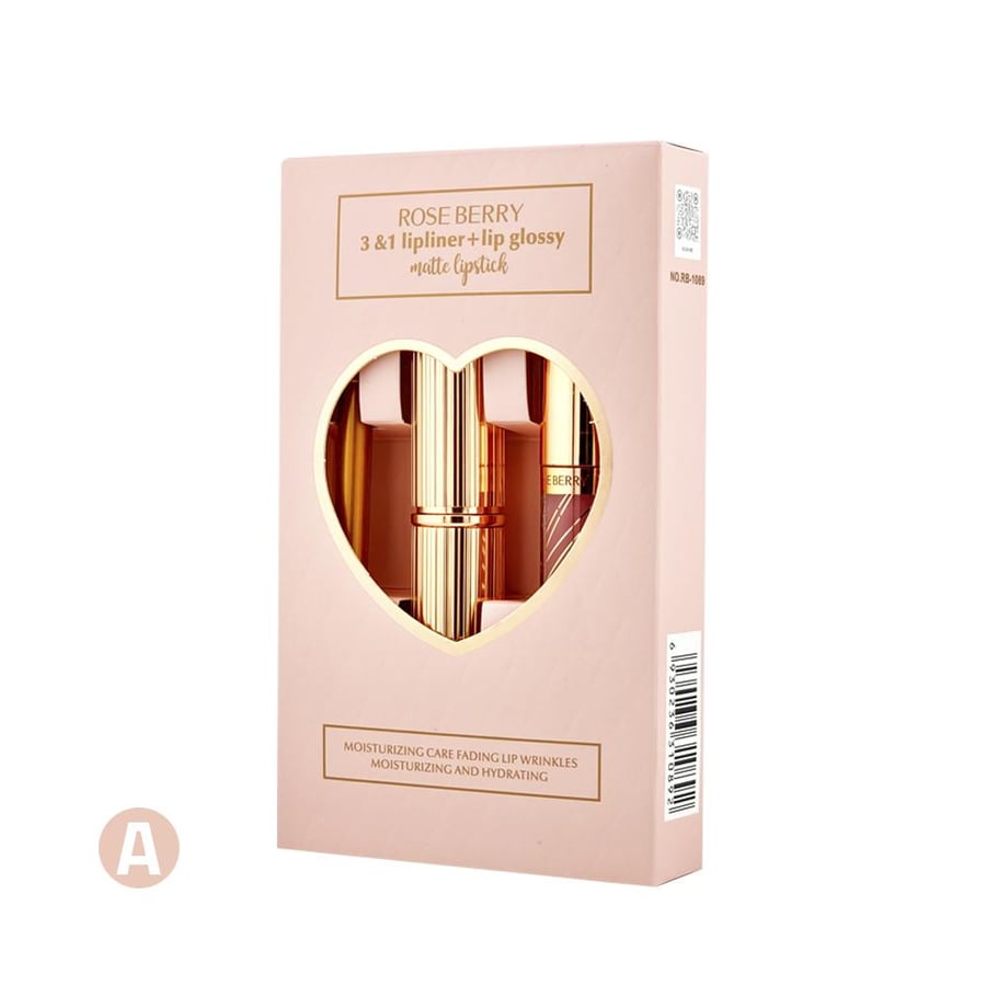 طقم شفاه المتكامل 3×1 (Lipliner + Lip Glossy + Matte Lipstick)، روز بيرى درجة A