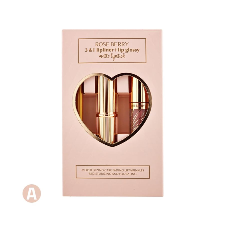 طقم شفاه المتكامل 3×1 (Lipliner + Lip Glossy + Matte Lipstick)، روز بيرى درجة A