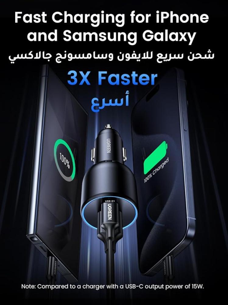 شاحن من يوجرين بمنفذ USB متوافق مع سامسونج S24 و آيفون 15 و ماك بوك، 3 منافذ، 130.0 واط، شحن سريع و تصميم مدمج
