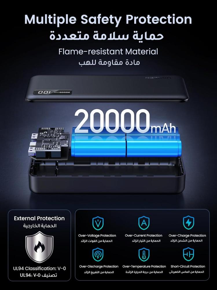 باور بانك بسعة 20000mAh و22.5W ، يدعم الشحن السريع، وشاشة عرض رقمية