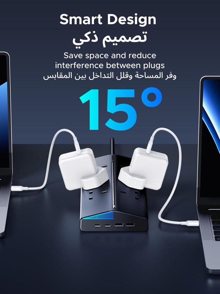وصلة تمديد 6 في 1 للحماية من زيادة التيار الكهربائي و3 مقابس متعددة للتيار المتردد من يوجرين، شاحن سريع USB C 3 منافذ USB