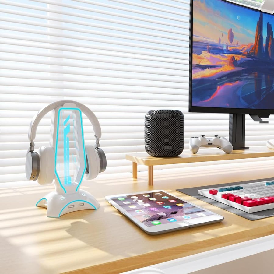 حامل سماعة القيمنق الاحترافي للمكتب مع منافذ USB وإضاءة