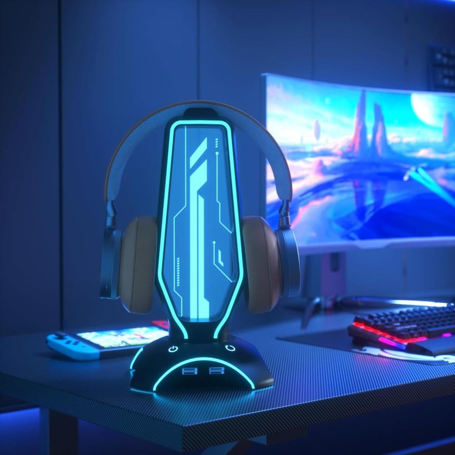 حامل سماعة القيمنق الاحترافي للمكتب مع منافذ USB وإضاءة