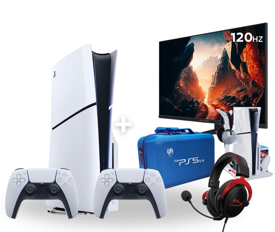 بلايستيشن 5 سليم  سي دي يدتين تحكم  +  شاشة العاب مقاس 24 بوصة 120hz هيرتز  + قاعدة بلايستيشن 5 + سماعة هايبر اكس + شنطة