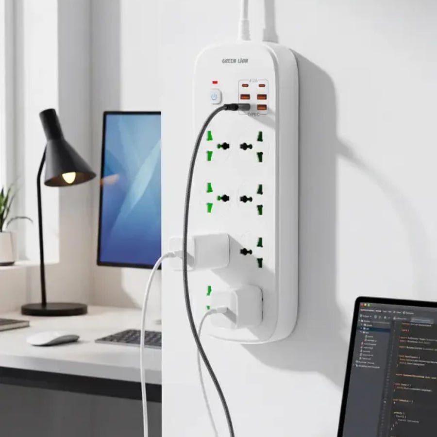 توصيلة 14 في 1 بقدرة 3500 واط — 8 مقابس و6 منافذ USB، سلك 2 متر - أبيض