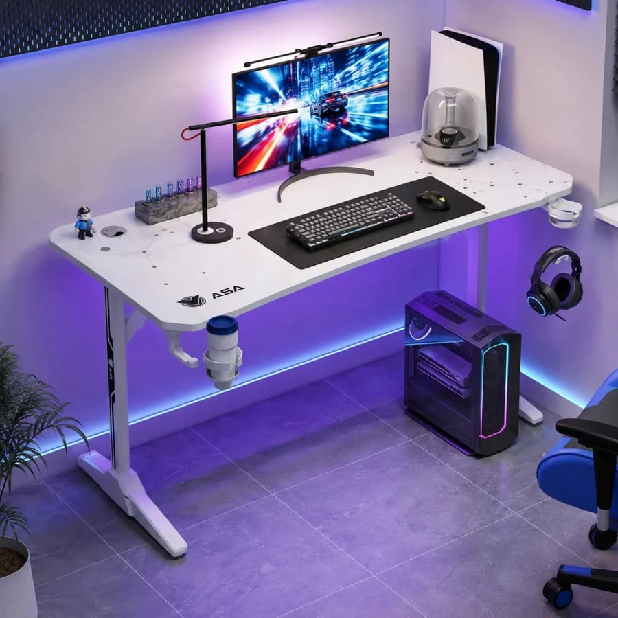 طاولة قيمنق بسطح بتصميم كاربون فايبر بقياس 140 × 60 سم – أبيض