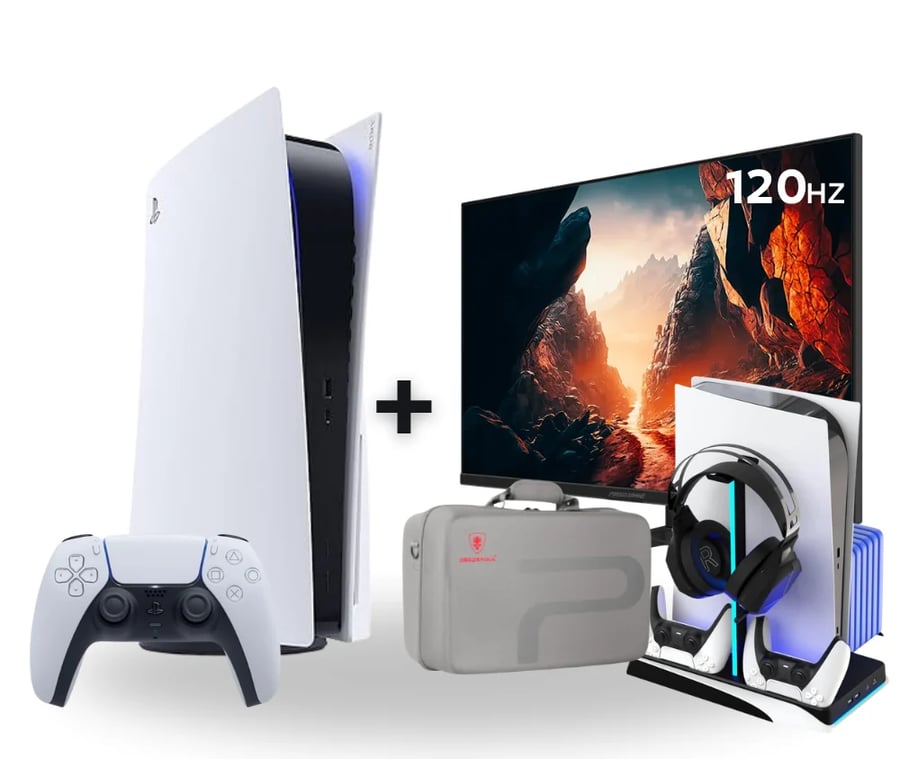 بلايستيشن 5 فات سي دي + شاشة العاب مقاس 24 بوصة 120hz هيرتز + قاعدة بلايستيشن 5 + شنطة