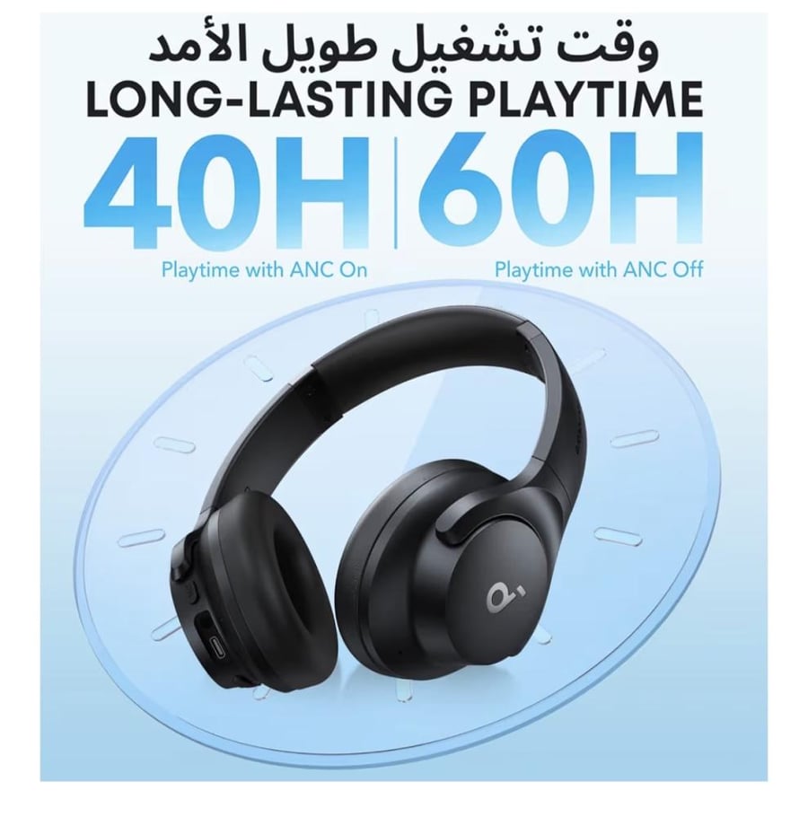 سماعات ساوند كور Q20i هايبرد اكتيف بخاصية الغاء الضوضاء من انكر قابلة للطي بلوتوث لاسلكي فوق الاذن وقت تشغيل طويل 40 ساعة صوت عالي الدقة جهير كبير تخصيص عبر تطبيق وضع الشفافية أسود