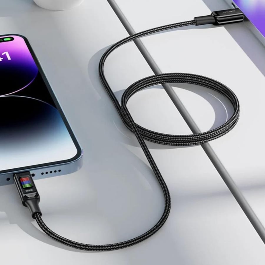 سلك AceFast C7 تايب سي الى تايب سي بقوة 100 واط مع شاشة رقمية بطول 1.2 متر - اسود