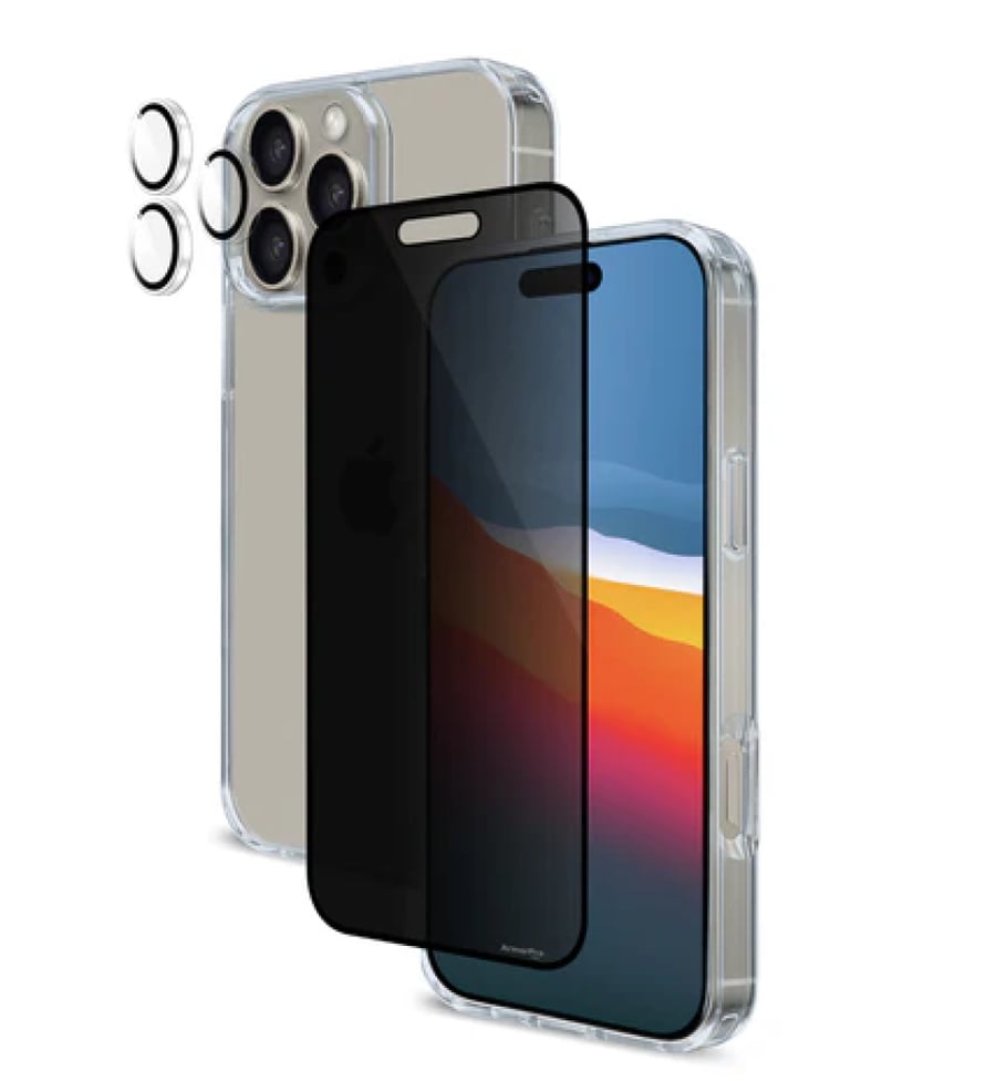 مجموعة ArmorPro 3 في 1 (واقي شاشة للخصوصية، عدسة كاميرا، وغطاء شفاف) لهاتف iPhone 16 Pro Max