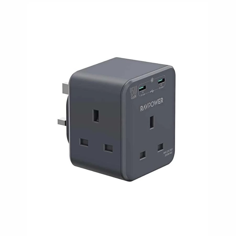 فيش جداري بـ3 مقابس كهرب تتحمل 3250 واط + منفذين USB ومنفذ تايب سي بقوة 45 واط من راف باور