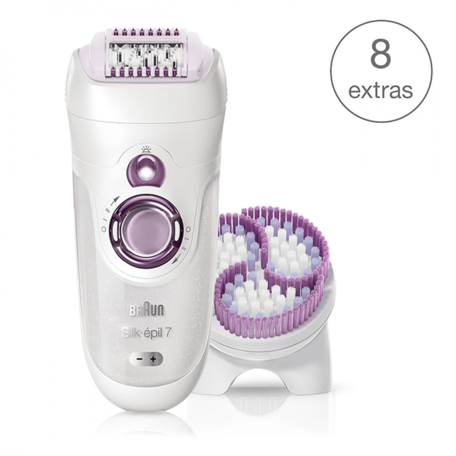 آلة إزالة الشعر Silk-épil 7 SkinSpa 7951 للاستخدام الرطب والجاف مع 8 إضافات تتضمن رأس ماكينة حلاقة.
