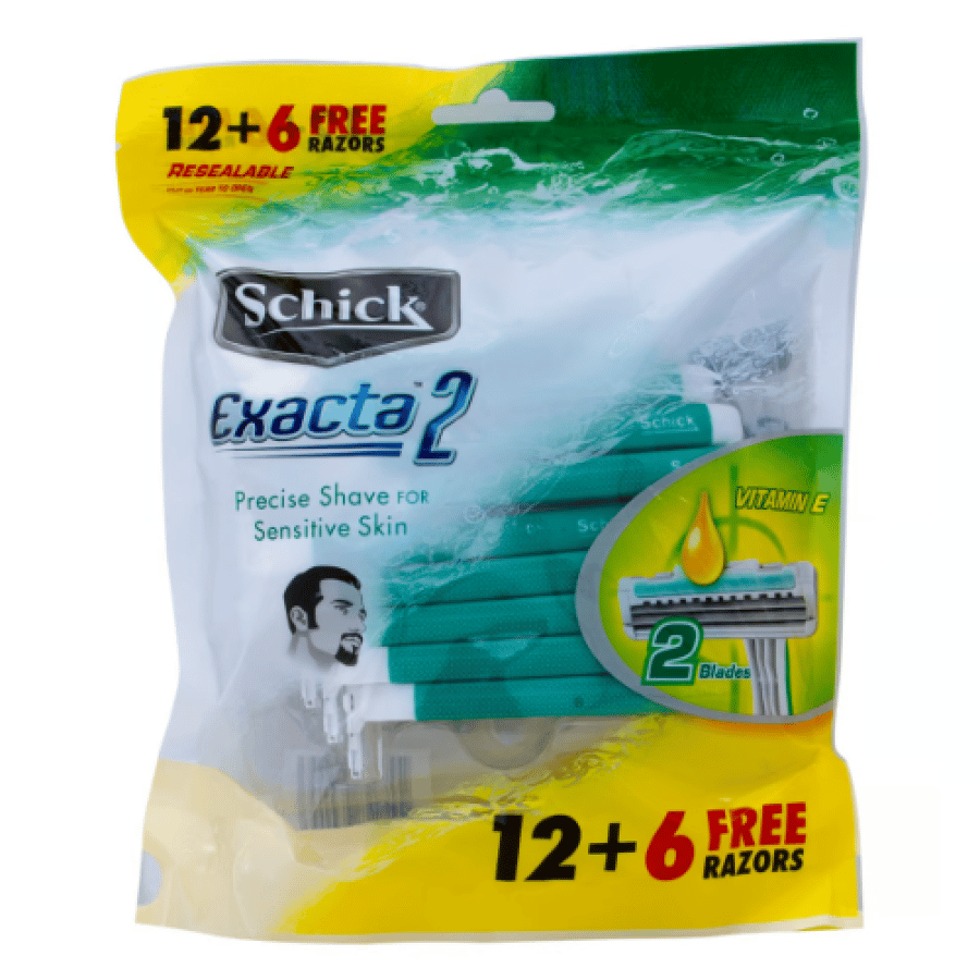 Schick Exacta2 (ماكينة حلاقة) ماكينة حلاقة للرجال الحساسة للبشرة الحساسة 12 + 6 ماكينة حلاقة مجانية ، 1 حبة (أخضر) (أخضر)