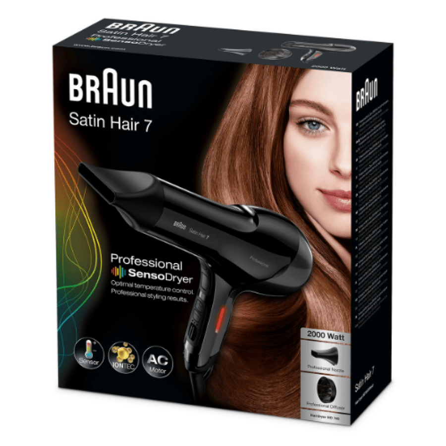 براون HD785 مجفف الشعر ساتين هير 7 بوفيشنال سينسو بتقنية الايونتك والرذاذ ، أسود