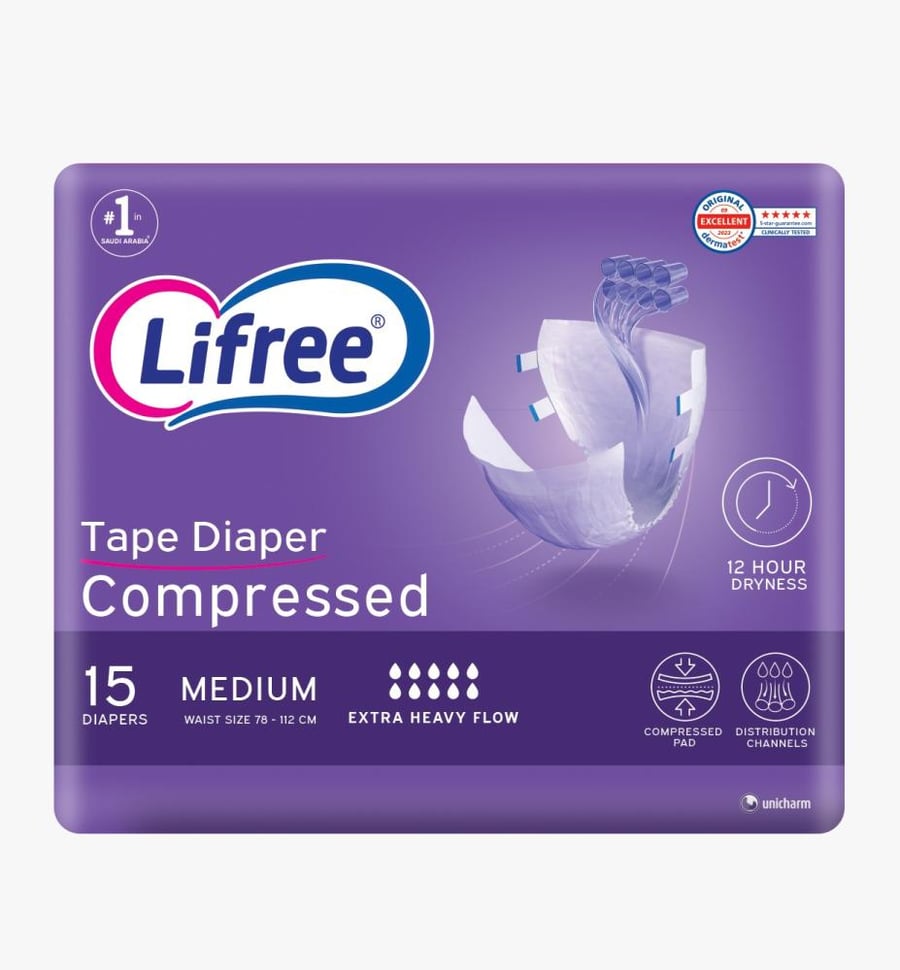 Lifree Tape, Compressed, Adults Diapers, Medium, 15 Pcs