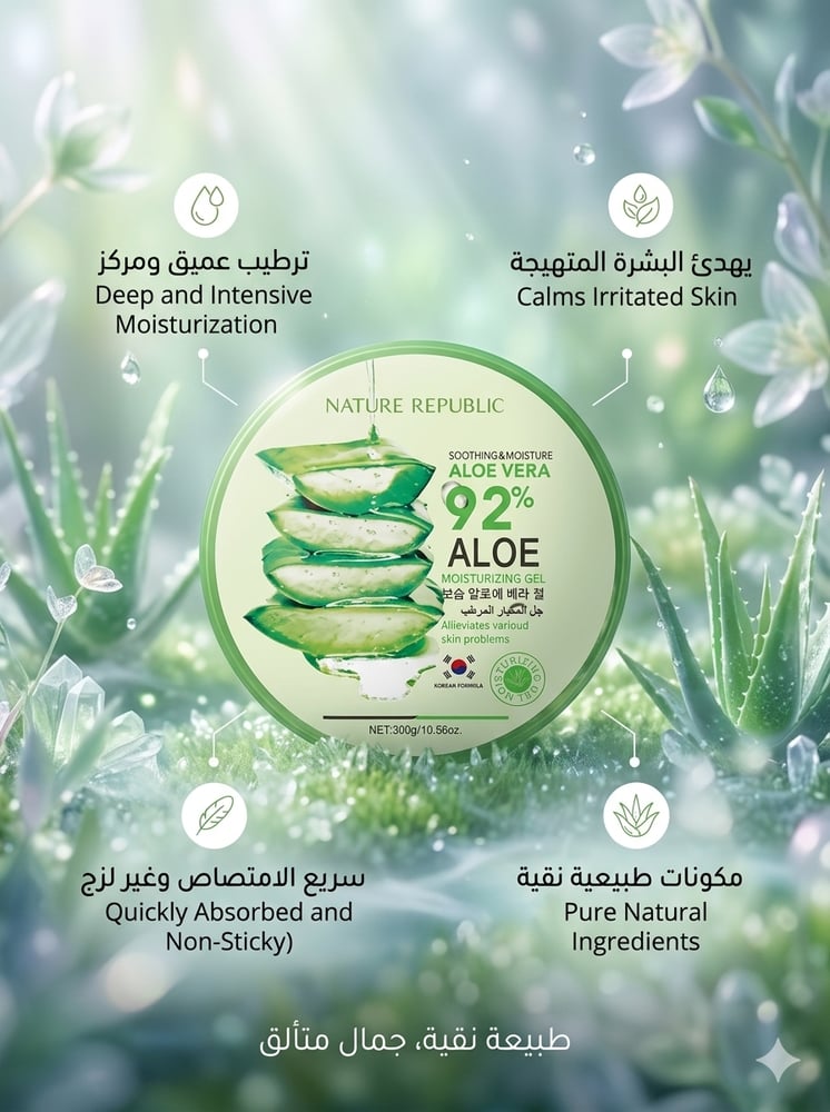 Pure aloe soothing with 92% natural aloe to moisturize the skin
