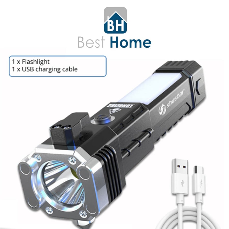 مصباح LED  يدوي متنقل  USB قابلة للشحن مع مطرقة لكسر الزجاج وشفرة لقطع حزام الامان اثناء الحوادث لاسمح الله - لون فضي