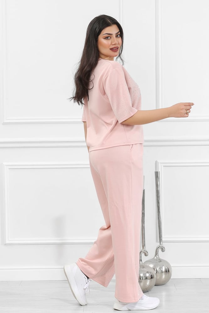 Women's casual medical tracksuit, short-sleeved t-shirt with shiny sequins and pants with a side pocket
