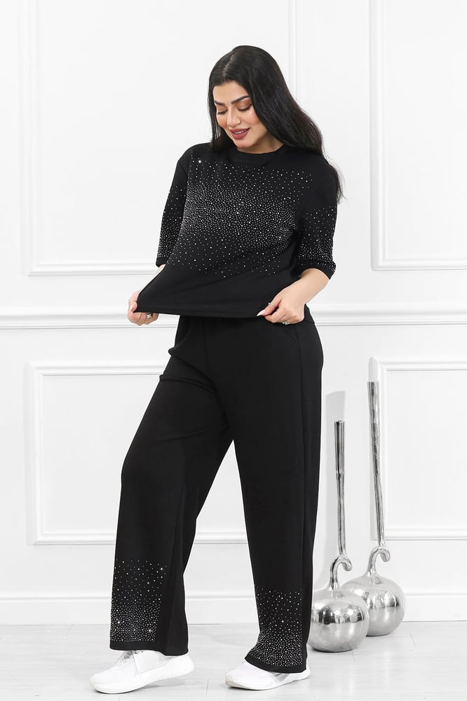Women's casual medical tracksuit, short-sleeved t-shirt with shiny sequins and pants with a side pocket