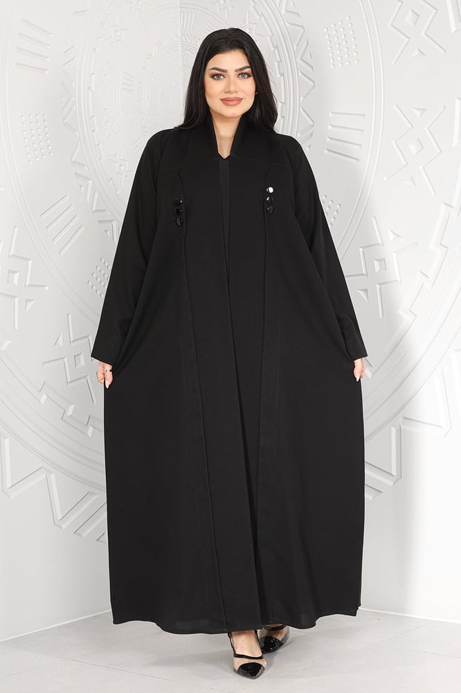 Luxurious crepe abaya, decorated with a button at the front and open sleeves, with a shawl.