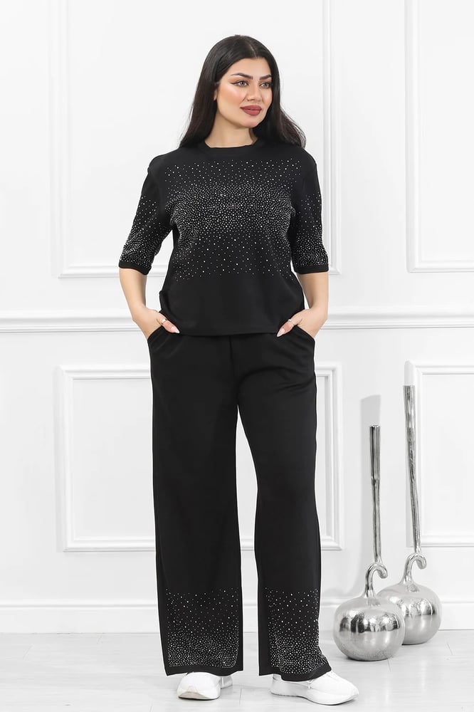 Women's casual medical tracksuit, short-sleeved t-shirt with shiny sequins and pants with a side pocket