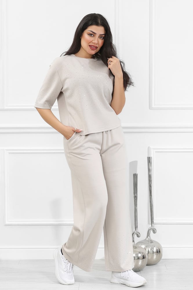 Women's casual medical tracksuit, short-sleeved t-shirt with shiny sequins and pants with a side pocket
