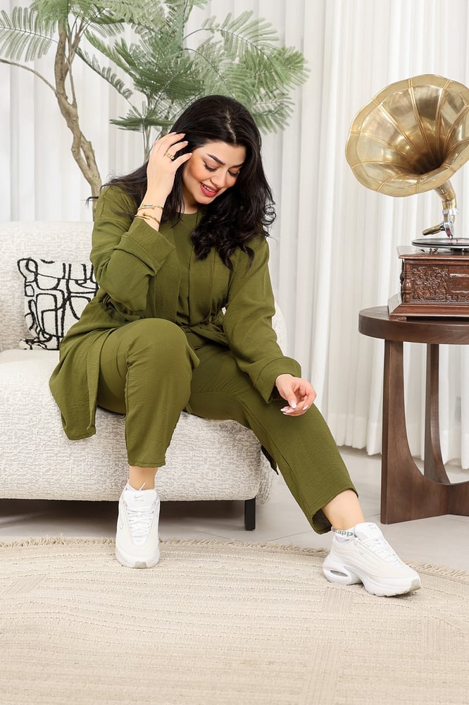 طقم نسائي كاجوال سادة 3 قطع جاكيت طويل مزود بحزام