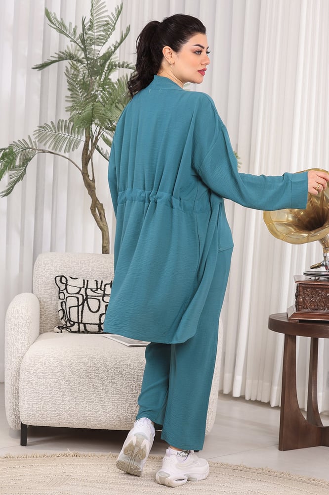 طقم نسائي كاجوال سادة 3 قطع جاكيت طويل مزود بحزام