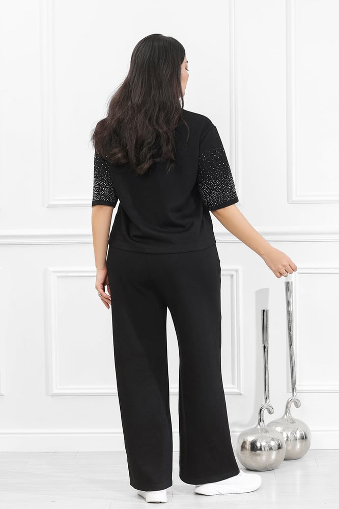 Women's casual medical tracksuit, short-sleeved t-shirt with shiny sequins and pants with a side pocket