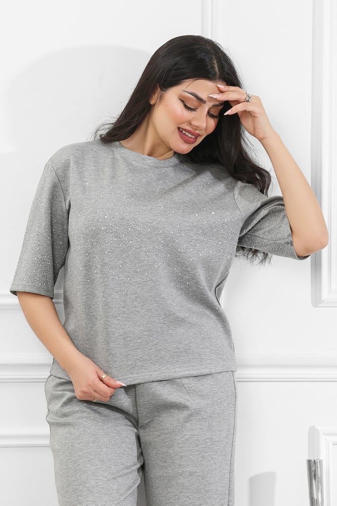 Women's casual medical tracksuit, short-sleeved t-shirt with shiny sequins and pants with a side pocket
