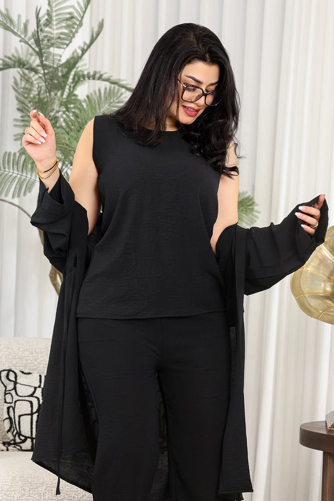 طقم نسائي كاجوال سادة 3 قطع جاكيت طويل مزود بحزام