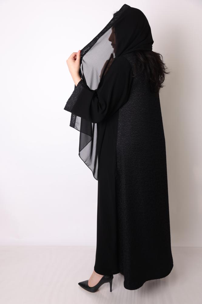 This is a royal crepe abaya and a black jacquard half cloak.