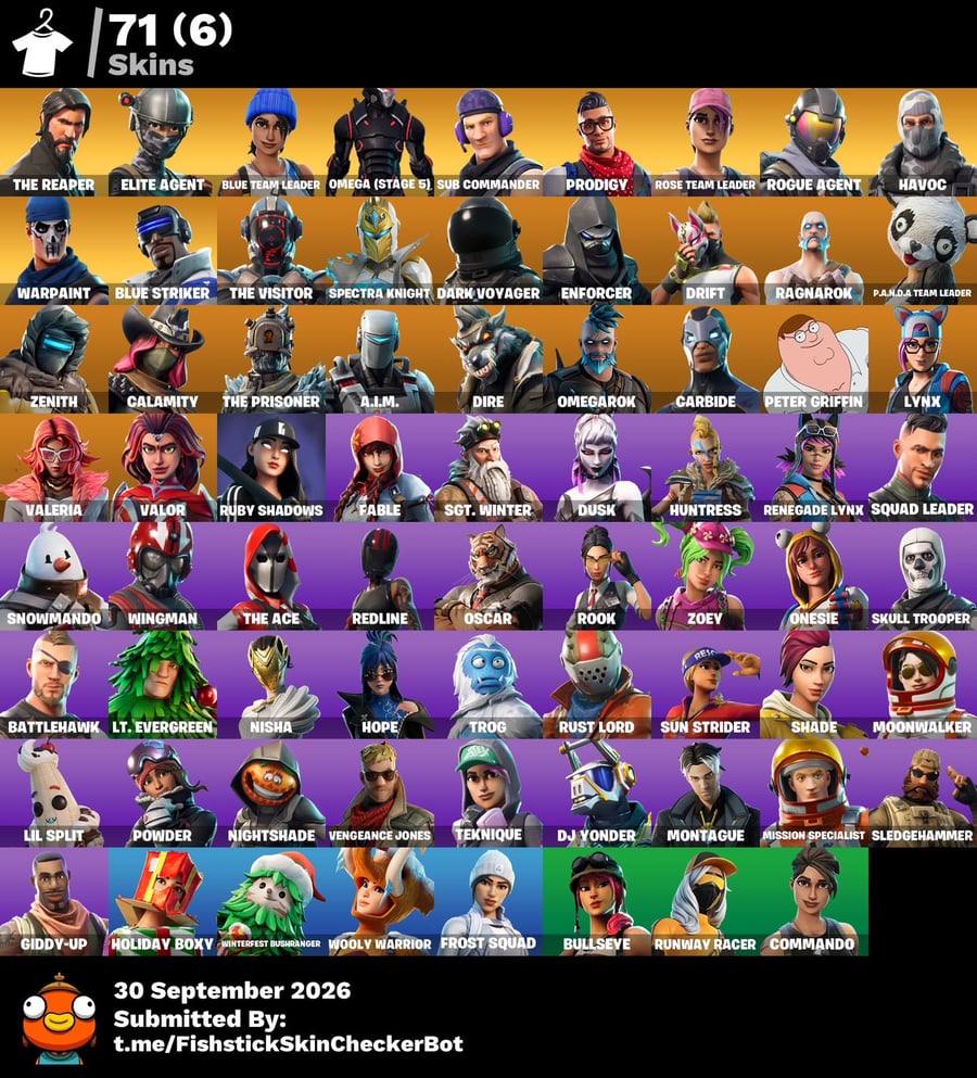 [PC] 71 skins | OG STW | الحاصد | عميلة النخبة | قائد الفريق الأزرق | Omega (stage 5) | الفوضى | الأعجوبة | العميل المارق | المهاجم الأزرق | 750 VB