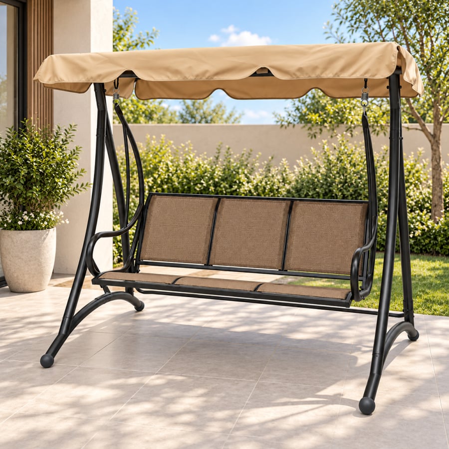 مرجيحة حديقة ثلاث مقاعد ومظلة علوية – بيج وبني