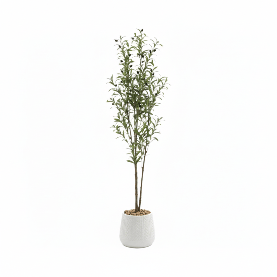 شجرة زيتون صناعية وسط مع مركن أبيض مزخرف - 95cm