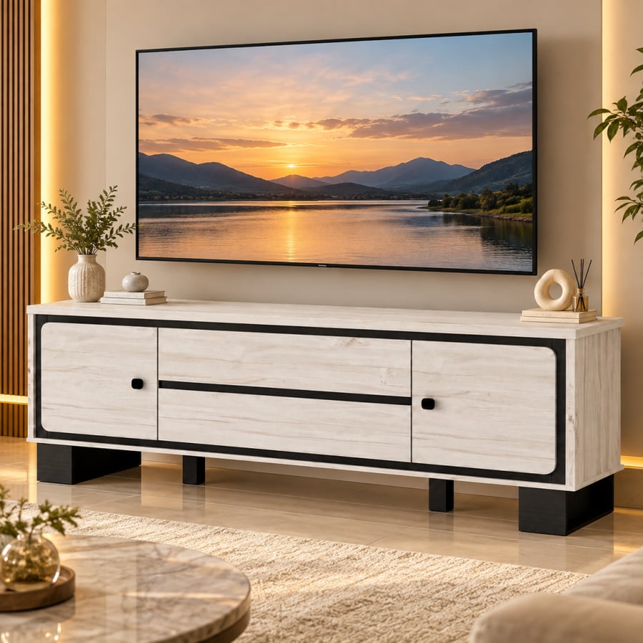 طاولة تلفزيون مودرن خشب ماليزي MDF - رمادي مع إطار وقواعد سوداء